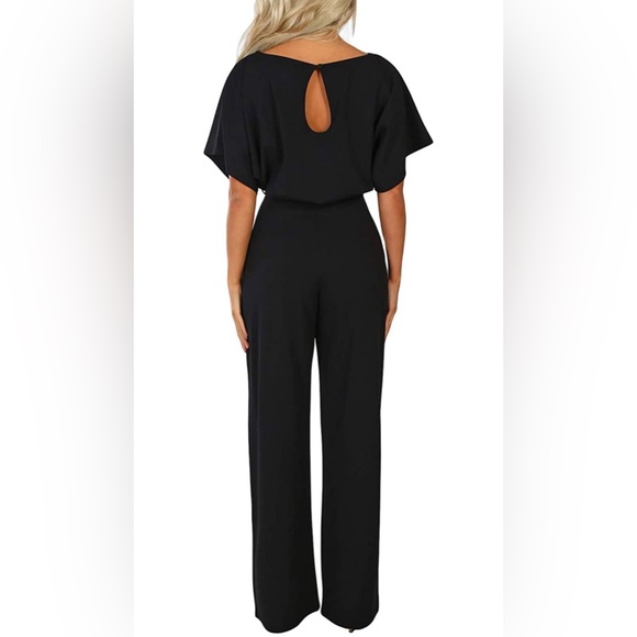 NWOT Women Casual Loose Short Sleeve Belted Wide Leg Pant Romper Jumpsuits Black - Picture 3 of 5